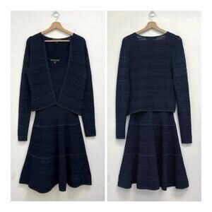Ralph Lauren Black Label Textured Knit Fit and Flare Dress Cardigan Set Navy S/M